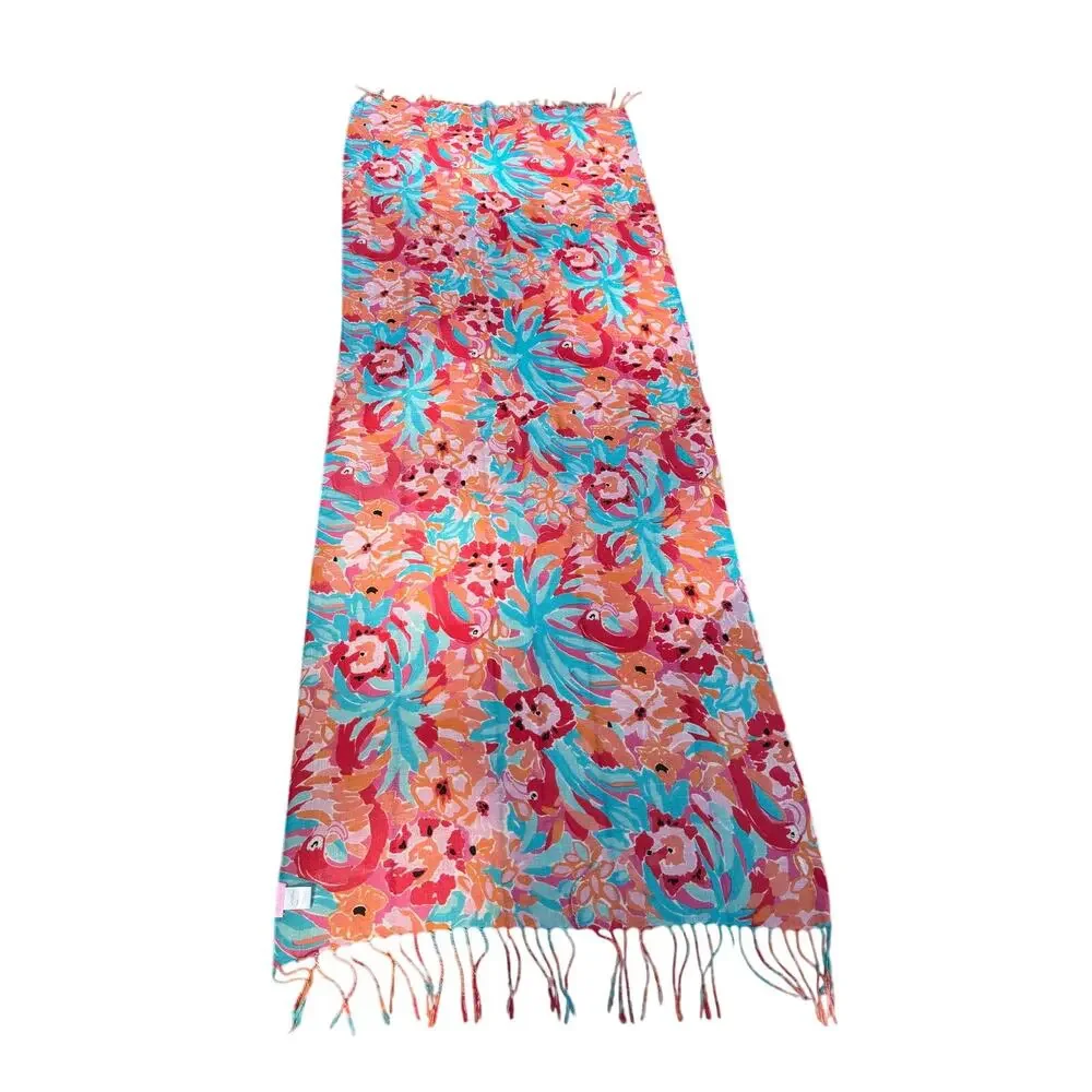 Lilly Pulitzer Silk Cashmere Tropical Flamingo Fringe Scarf Wrap
